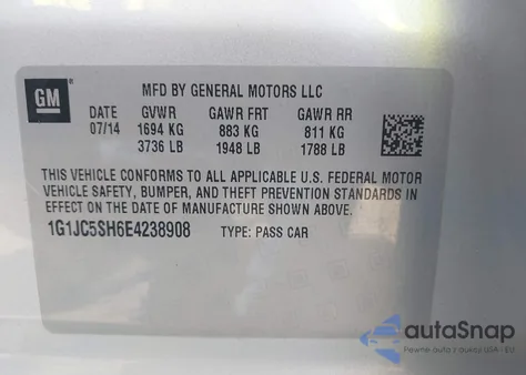 2014 Chevrolet Sonic Lt Auto from USA, damaged, VIN 1G1JC5SH6E4238908